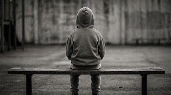 Un niño de espaldas, vestido con sudadera con capucha y pantalones, está sentado solo en un banco de madera en un entorno monocromático con fondo difuminado.