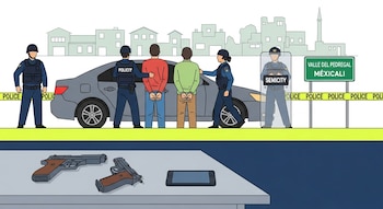 Dos hombres esposados custodiados por policías junto a un coche gris, con cinta policial, señal de Mexicali, dos armas cortas y un teléfono móvil.