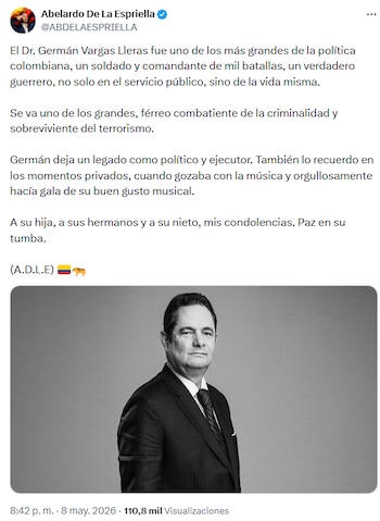 Abelardo de la Espriella resaltó el legado de Vargas Lleras tras su fallecimiento - crédito @ABDELAESPRIELLA/X