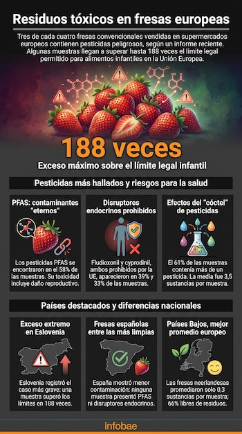 Infografia sobre resíduos tóxicos em morangos europeus, com imagens de morangos, estruturas químicas, símbolos de perigo e de saúde, e mapas.