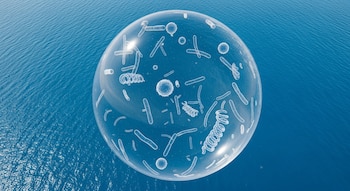 Superficie del océano azul con una lupa transparente y circular sobre el agua que muestra microorganismos de diferentes formas y tamaños.
