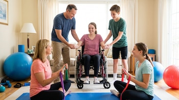 Una familia de cinco realiza terapia física en un salón. Una joven en silla de ruedas es ayudada con ejercicios de brazos por dos, mientras dos se ejercitan con bandas.