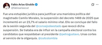 Fabio Arias, presidente de la CUT, dijo que las cortes están al servicio de la oligarquía - crédito @FabioAriasCUT/X