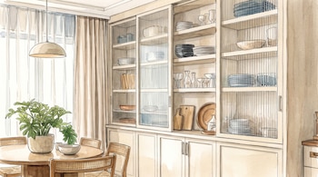 Ilustración de un comedor con mesa redonda, sillas, una planta, una lámpara colgante y un mueble alacena con vajilla tras puertas de vidrio.