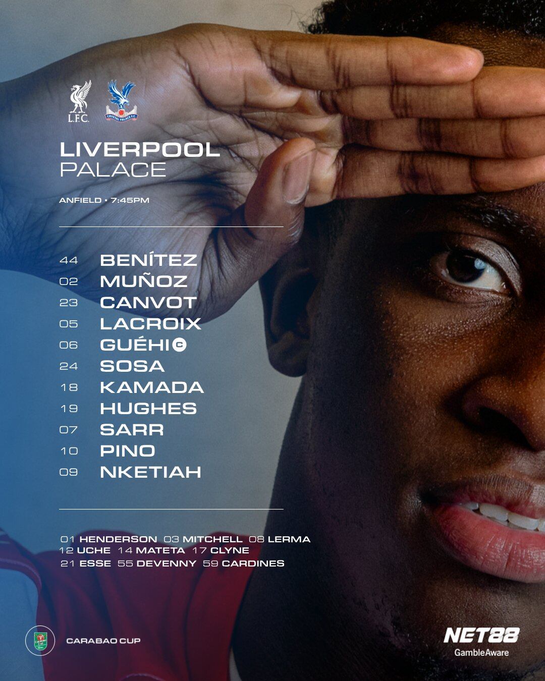 Titulares de Crystal Palace ante Liverpool por la EFL Cup - crédito Crystal Palace/X