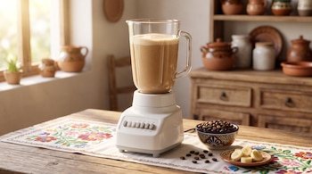 Licuadora con batido beige, tazón con granos de café y plato con rodajas de plátano sobre una mesa de madera con camino bordado.