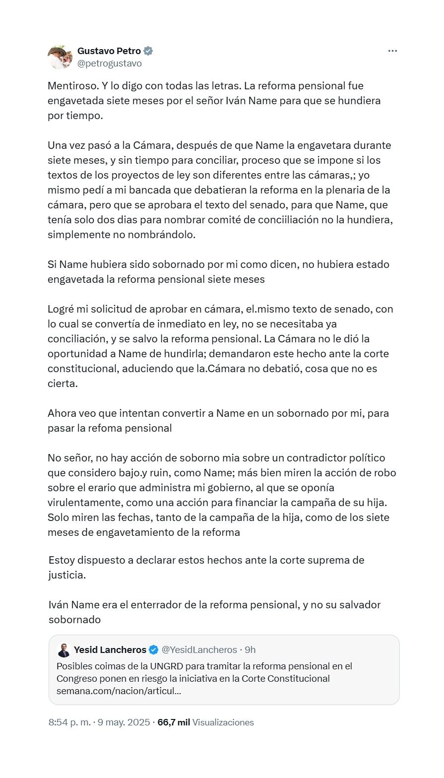 Trino de Petro por la reforma pensional. (Crédito: @petrogustavo / X)