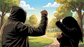 Ilustración de dos figuras encapuchadas de espaldas. Una levanta el puño. Están en un parque con césped, árboles, bancos, un camino y dos personas caminando al fondo.