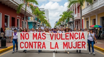 Grupo de mujeres marcha por una calle. Portan una pancarta blanca con el texto "NO MÁS VIOLENCIA CONTRA LA MUJER". Hay edificios y palmeras.