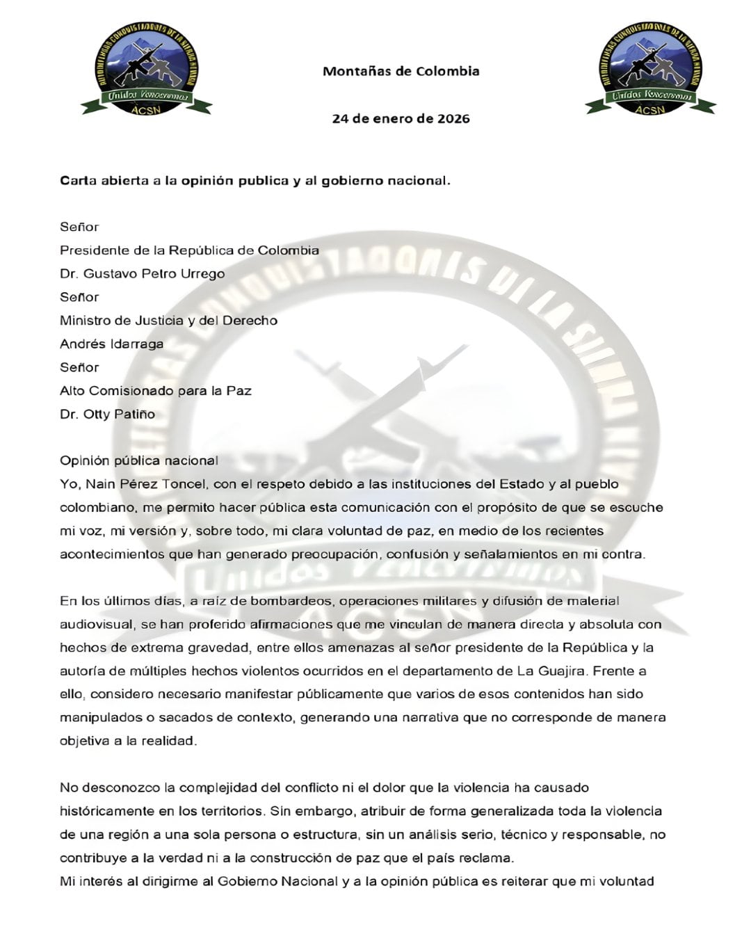 Este es un fragmento de la carta, publicada en redes sociales por parte de alias Bendito Menor, líder de Los Pachenca - crédito @HoyDiarioMag/X