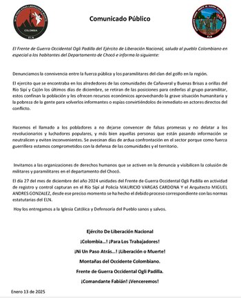 ELN confirmó liberación de los