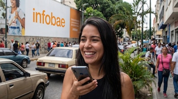 Primer plano de una mujer venezolana joven sonriendo, sosteniendo un teléfono. Al fondo, una calle urbana con un cartel grande de Infobae, tráfico y peatones.