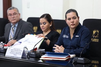 Tres personas sentadas ante una mesa con micrófonos, carpetas con documentos y un letrero de identificación en una sala oficial