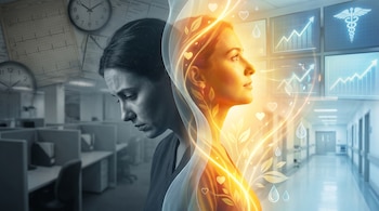 Silueta femenina dividida: la mitad izquierda gris, con rostro cansado y fondo de oficina; la mitad derecha dorada, revitalizada, sobre un hospital.