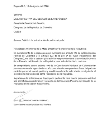 Carta con la que Gustavo Petro pidió permiso al Senado para salir del país