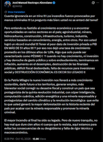 En su respuesta, Restrepo cuestionó la gestión económica del Gobierno de Petro y criticó los niveles de inversión privada, el crecimiento económico, el gasto público y el endeudamiento - crédito @jrestrp/X