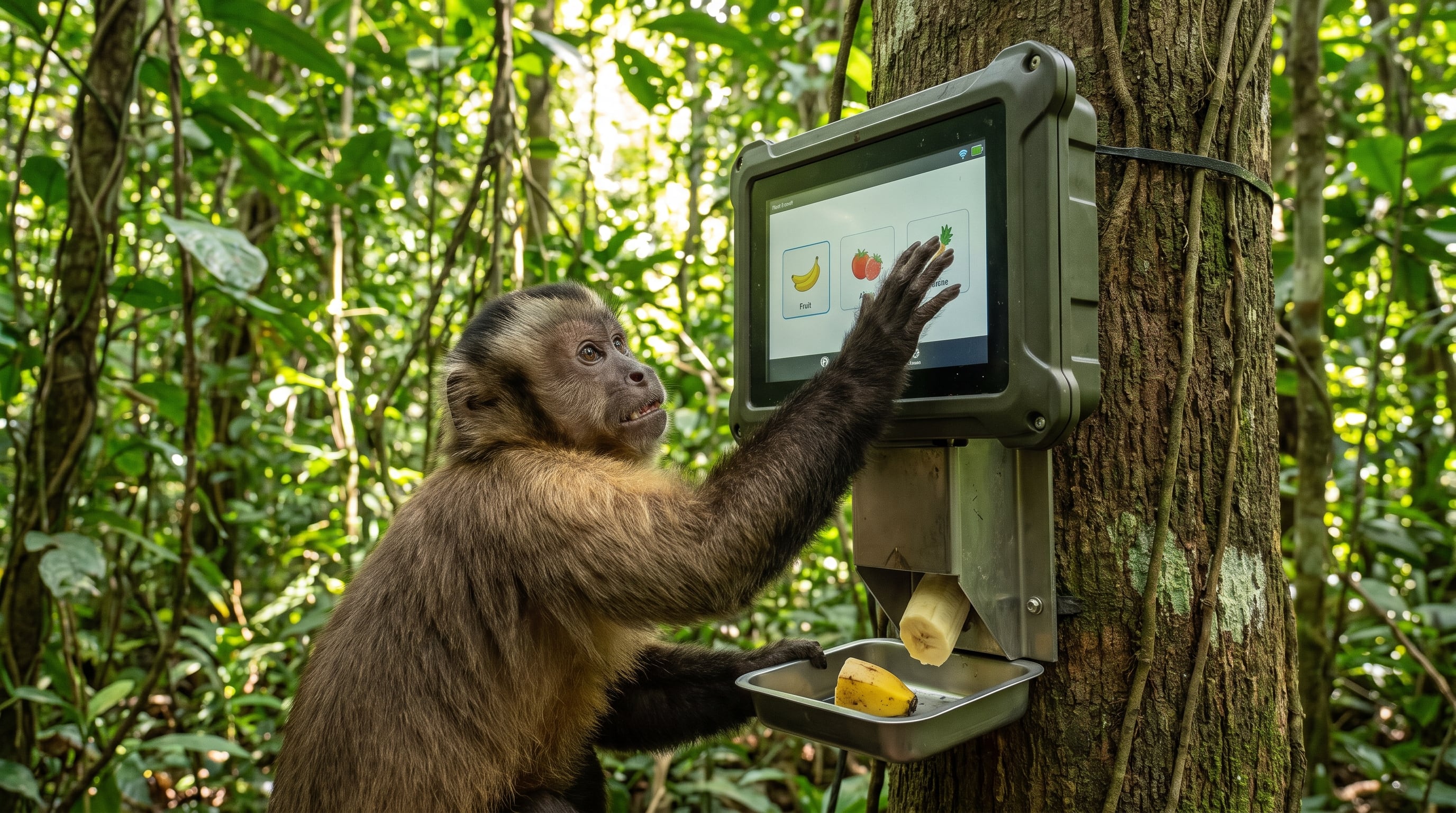 Ponen una pantalla con IA en la selva y los monos aprenden a usarla para obtener comida
