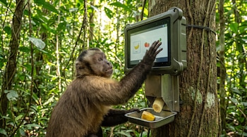 Un mono capuchino de pelaje marrón y negro toca una pantalla táctil en un árbol. Un dispensador automático suelta plátanos en una bandeja, en la selva.