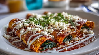 Enchiladas de espinaca cubiertas con adobo de chile guajillo fermentado, tortillas suaves y relleno saludable con toque artesanal mexicano. - (Imagen Ilustrativa Infobae)