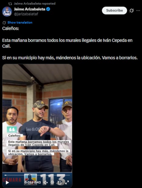 Jaime Arizabaleta anunció eliminación de murales de Iván Cepeda en Cali y pidió respeto a la legalidad - crédito @jarizabaletaf/X