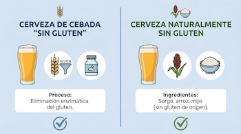 Infografía que compara dos tipos de cerveza: a la izquierda, cerveza de cebada 'sin gluten'; a la derecha, cerveza naturalmente sin gluten con sorgo y arroz.