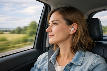 Mujer pasajera en el asiento de un coche con chaqueta vaquera y auriculares blancos en los oídos, mirando por la ventana con un paisaje natural borroso de fondo.