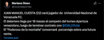 El colombiano irá al fútbol de Venezuela-crédito @olsendeportes/X