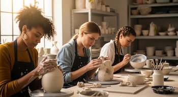 Tres mujeres de diversas etnias en un taller de cerámica, concentradas en modelar y pintar piezas de arcilla sobre una mesa de madera con herramientas.
