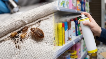 Primer plano de chinches, ninfas y huevos sobre tela blanca con rastros oscuros; una linterna. Mano rocía un aerosol insecticida en pasillo de tienda.