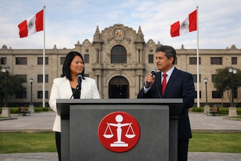 Keiko Fujimori y Roberto Sánchez en podios con micrófonos, logo del JNE, frente al edificio de la Universidad Nacional Mayor de San Marcos con banderas de Perú.