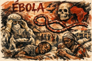 Dibujo a pincel en tonos ocres y rojos representando la crisis del Ébola con trabajadores sanitarios, un cráneo, el mapa de África, víctimas y escenas de sufrimiento.