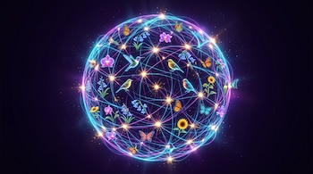 Esfera de líneas luminosas cian y magenta con figuras de aves, mariposas y flores iluminadas sobre un fondo oscuro.