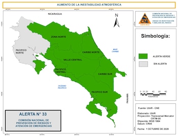 La CNE declaró alerta verde en cinco regiones de Costa Rica ante el aumento previsto de las lluvias por el paso de la onda tropical 48. Crédito: CNE