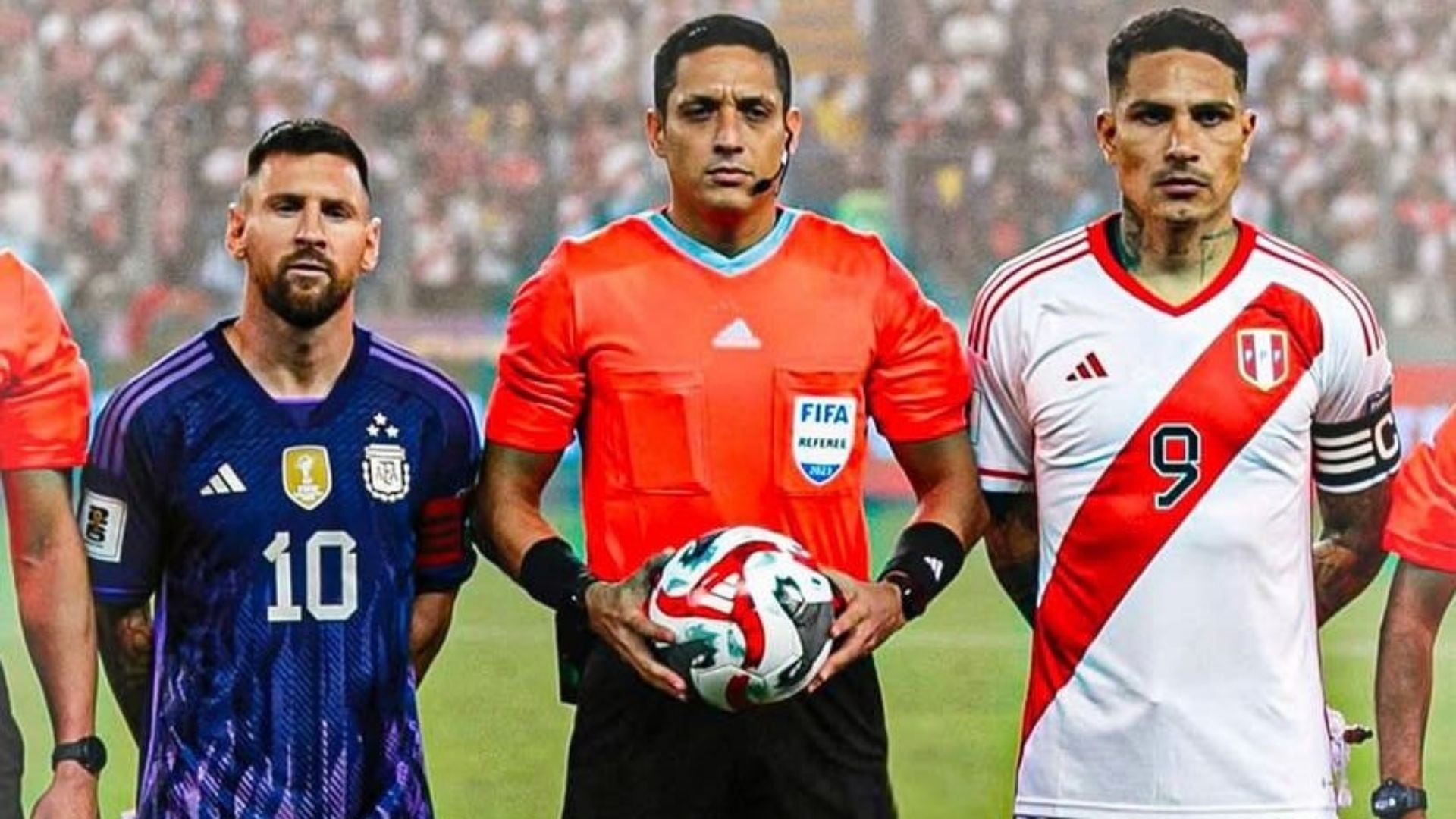 Leo Messi al lado de Paolo Guerrero en su último Perú vs Argentina, fechado en octubre del 2023 por las Eliminatorias Sudamericanas 2026. - Crédito: FPF