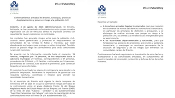 La Defensoría del Pueblo exhortó a los grupos armados a que frenen sus hostilidades en el municipio antioqueño - crédito Defensoría del Pueblo