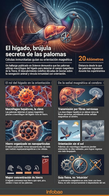 Infografía de una paloma con el hígado resaltado y líneas de campo magnético. Muestra ilustraciones de células y procesos que explican la orientación magnética.