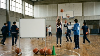 Gimnasio escolar con estudiantes lanzando balones de baloncesto. Una pizarra blanca con fracciones y porcentajes, pelotas de baloncesto y conos en primer plano