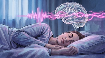 Ilustración de una persona durmiendo en una cama, con un dibujo del cerebro y líneas de luz rosada en forma de onda sobre su cabeza.