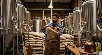 Hombre con barba y delantal en cervecería artesanal, examina líquido con hidrómetro. Fondo con tanques de acero inoxidable, sacos de malta y herramientas de cobre.