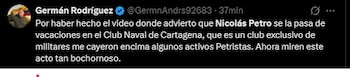 El senador Germán Rodríguez criticó las vacaciones de Nicolás Petro en instalaciones militares, afirmando que se trataría de un comportamiento “bochornoso” y de acceso exclusivo que genera debate público - crédito Germán Rodríguez/X