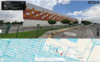 Captura de pantalla con vista de calle donde se observa un edificio grande con fachada de mosaico, árboles, una valla y un mapa de la Av. Bordo de Xochiaca