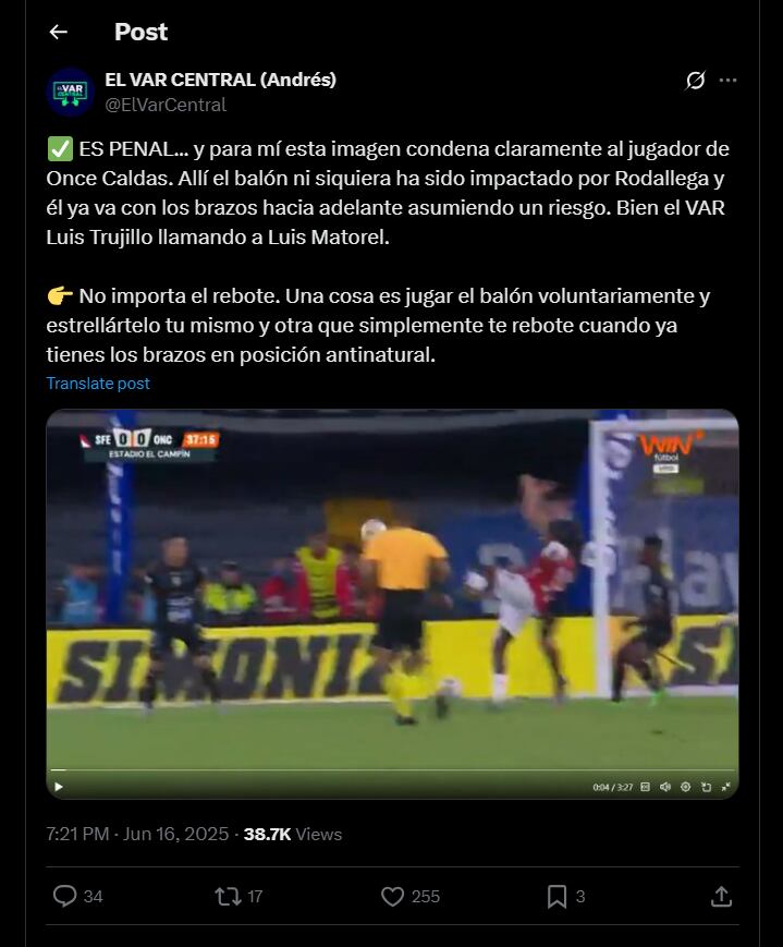 La cuenta especializada en el análisis arbitral también estuvo de acuerdo con la sanción de la falta - crédito @ElVarCentral / X