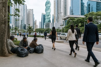 Tres personas sentadas en una acera junto a bolsas negras mientras peatones con traje de negocios caminan frente a edificios en Ciudad de Panamá.