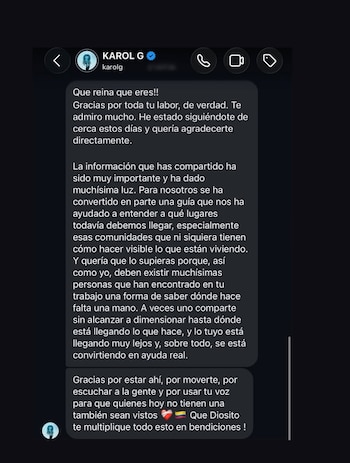 Este es el emotivo mensaje que recibió la 'influencer' Andrea Rico por parte de Karol G en el que la agradeció por su labor con los afectados del terremoto en Chocó - crédito @andrearico_24/ Instagram