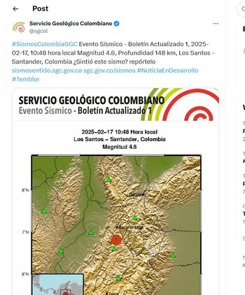 Servicio Geológico Colombiano informó