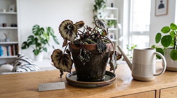 Maceta con una begonia rex marchita, un letrero metálico identificativo y una regadera sobre un mueble de madera.