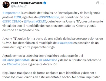 El titular de la SSC CDMX afirmó que no habrá impunidad por el crimen. (Crédito: X | @PabloVazC)