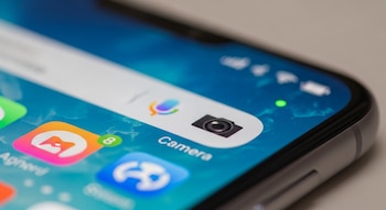 Primer plano de la pantalla de un smartphone que muestra un punto verde encendido, iconos de red y batería, una barra de búsqueda con micrófono y cámara, y aplicaciones.