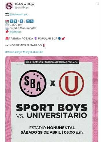 Sport Boys confirmó que el partido con Universitario de Deportes será en el estadio Monumental.