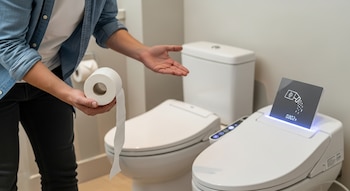 Una persona sostiene un rollo de papel higiénico y señala un inodoro inteligente blanco con pantalla digital que muestra un icono de spray de agua, en un baño moderno.